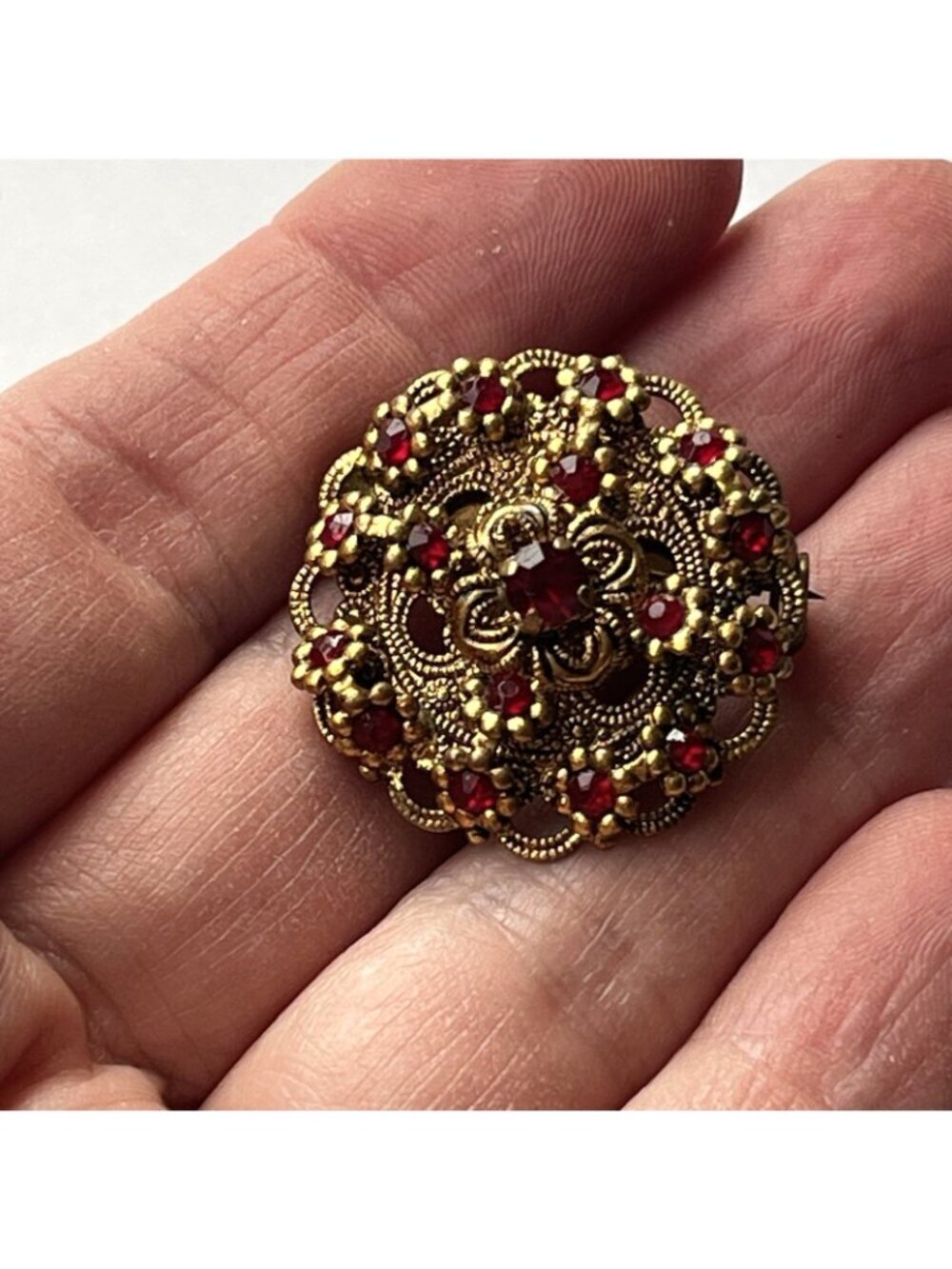 Vintage West Germany Czech Glass Gold Tone Filigree Red Pin Brooch 1"